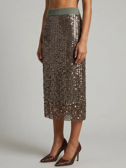 Brown Sequin Embellished Knit Midi Skirt - Skirts