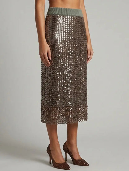 Brown Sequin Embellished Knit Midi Skirt - Skirts