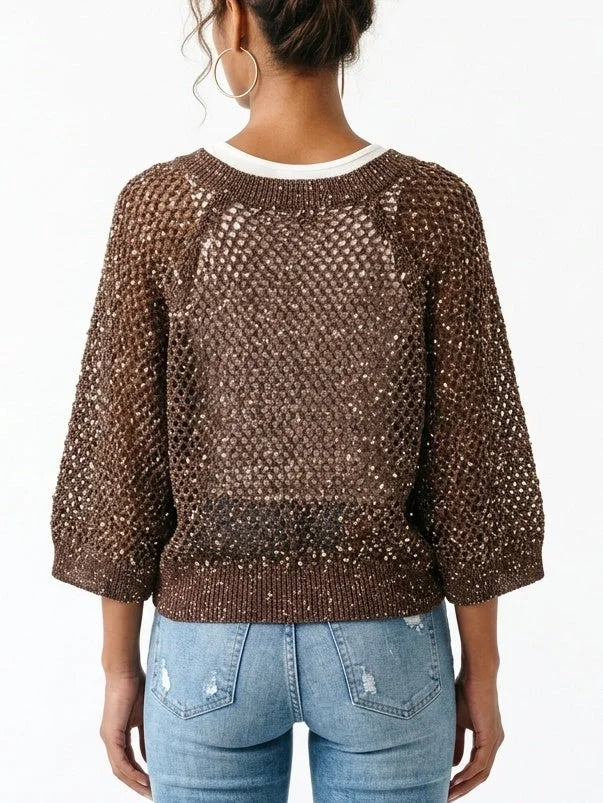 Brown Sequin Open Knit V-Neck Cardigan - Sweaters & Knitwear