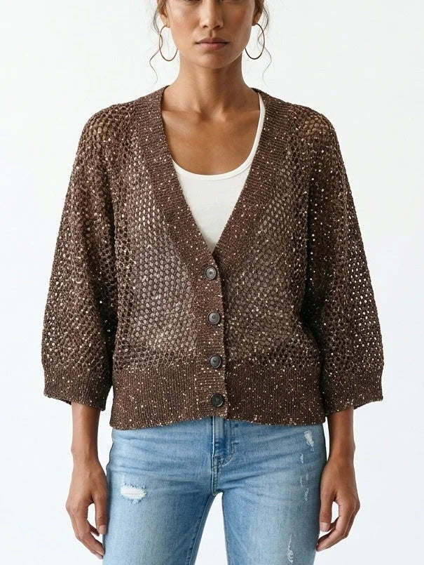 Brown Sequin Open Knit V-Neck Cardigan - Sweaters & Knitwear