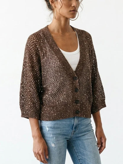 Brown Sequin Open Knit V-Neck Cardigan - Sweaters & Knitwear