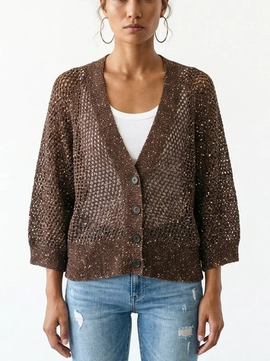 Brown Sequin Open Knit V-Neck Cardigan - Sweaters & Knitwear