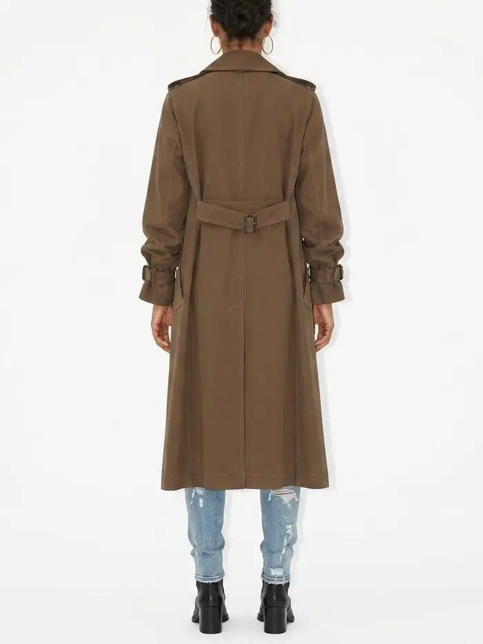 Brown Silk Hi-Low Trench Coat with Scarf - Coats