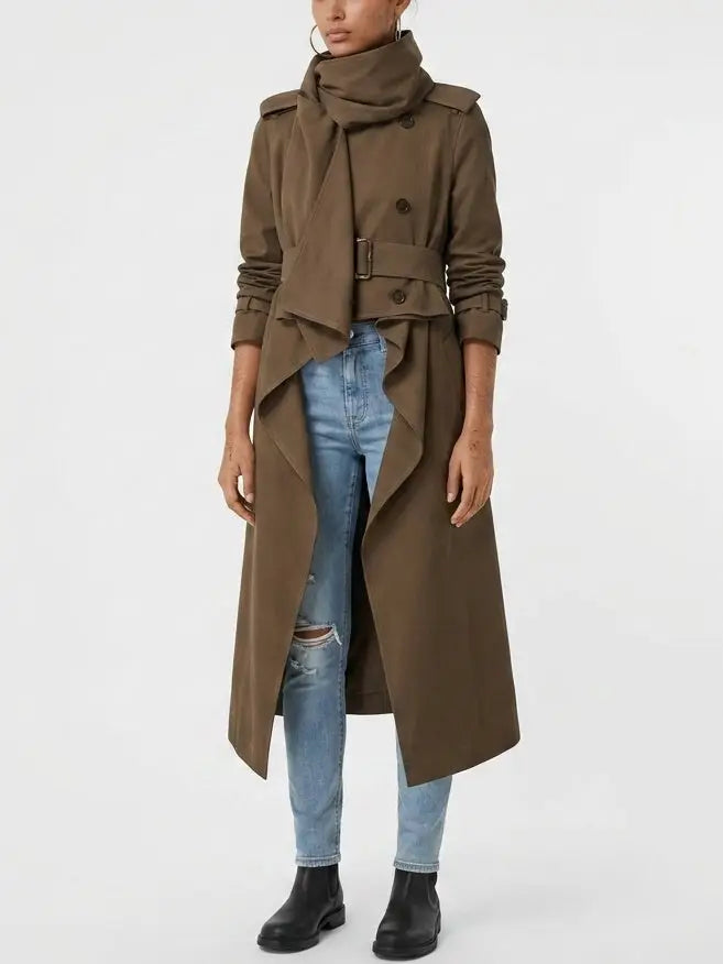 Brown Silk Hi-Low Trench Coat with Scarf - Coats