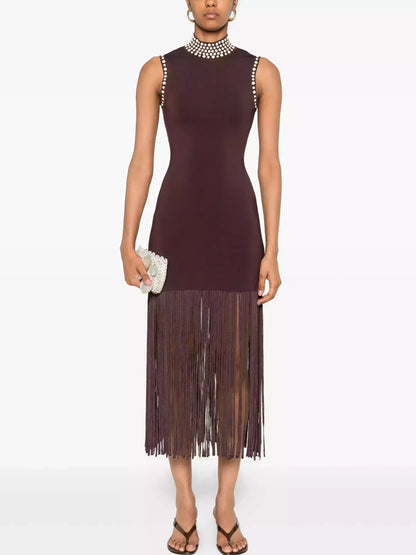 Brown Stretch Knit Beaded Trim Fringed Dress Dresses