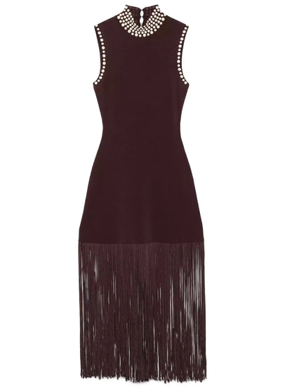 Brown Stretch Knit Beaded Trim Fringed Dress Dresses