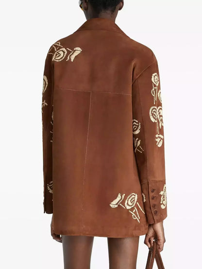 Brown Suede Embroidered Single-Breasted Jacket - Jackets