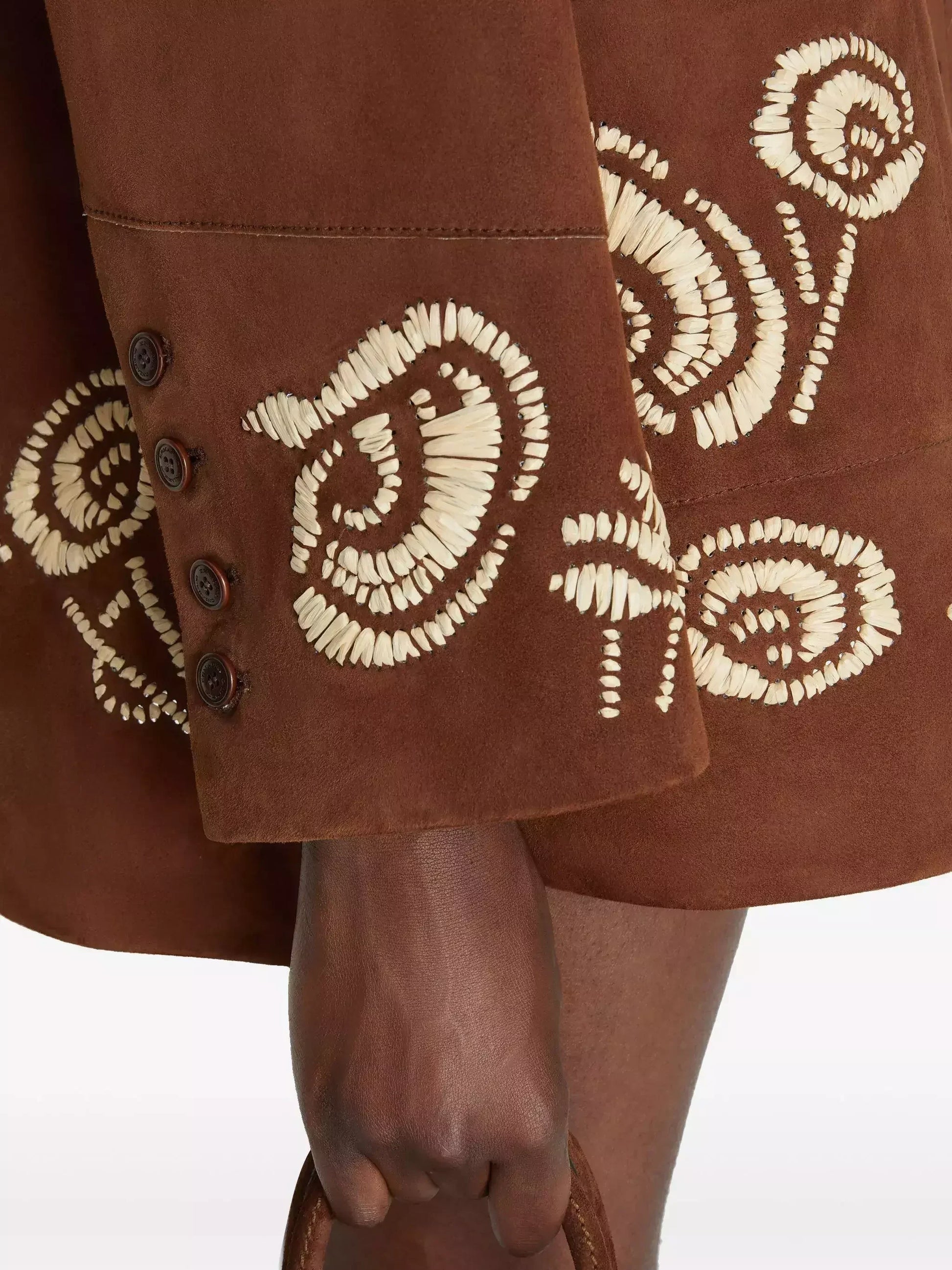 Brown Suede Embroidered Single-Breasted Jacket - Jackets