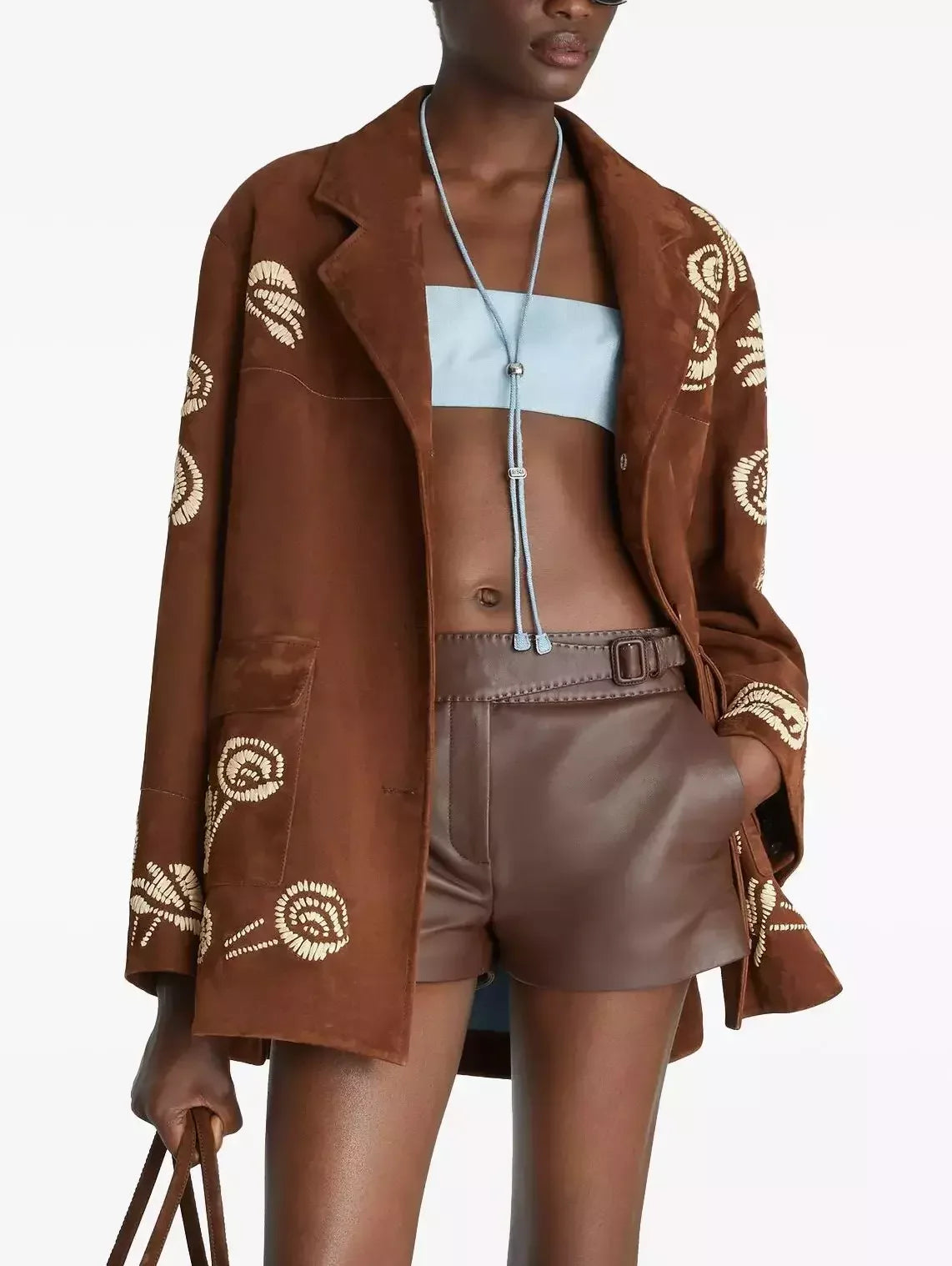 Brown Suede Embroidered Single-Breasted Jacket - Jackets