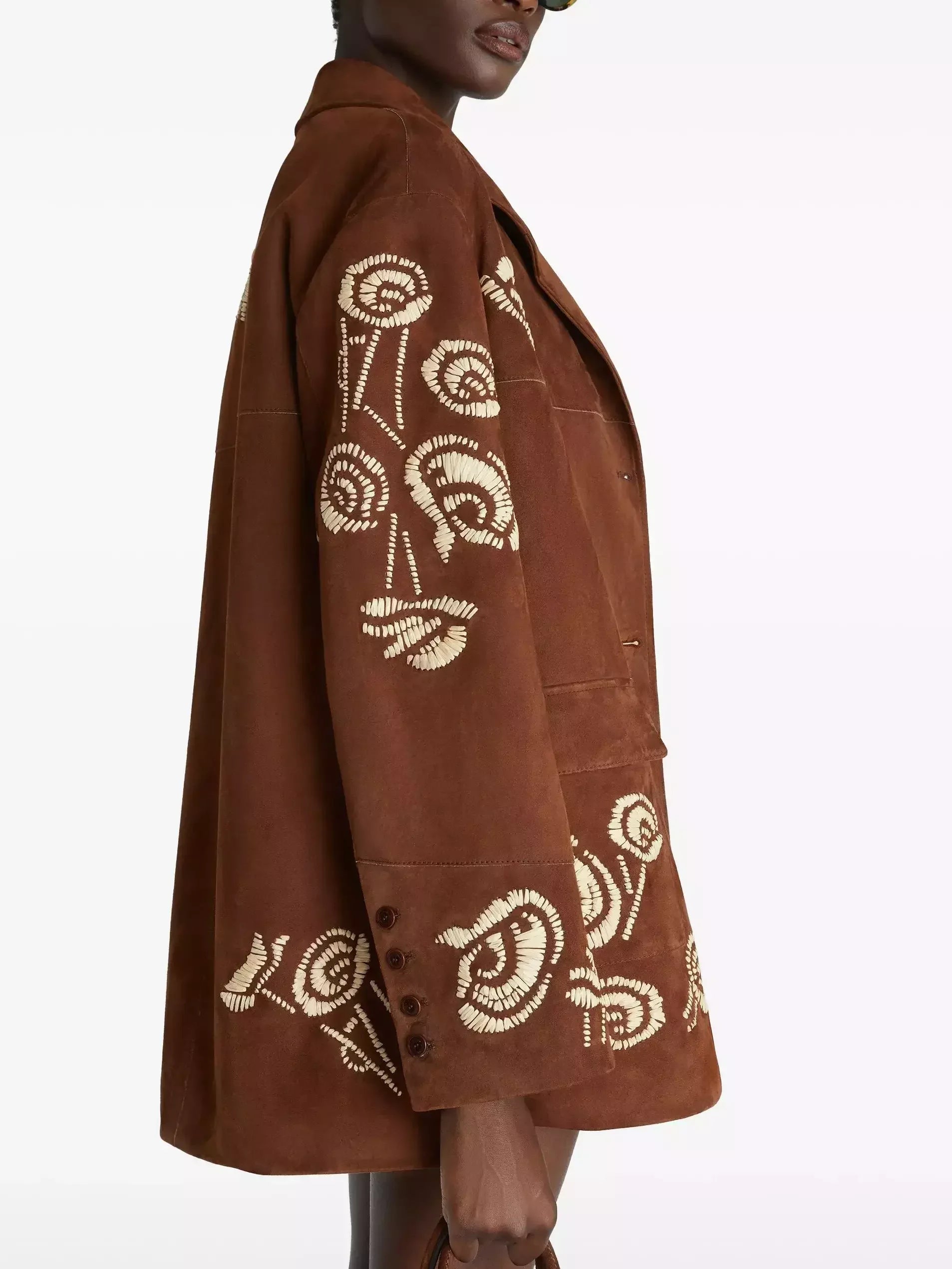Brown Suede Embroidered Single-Breasted Jacket - Jackets