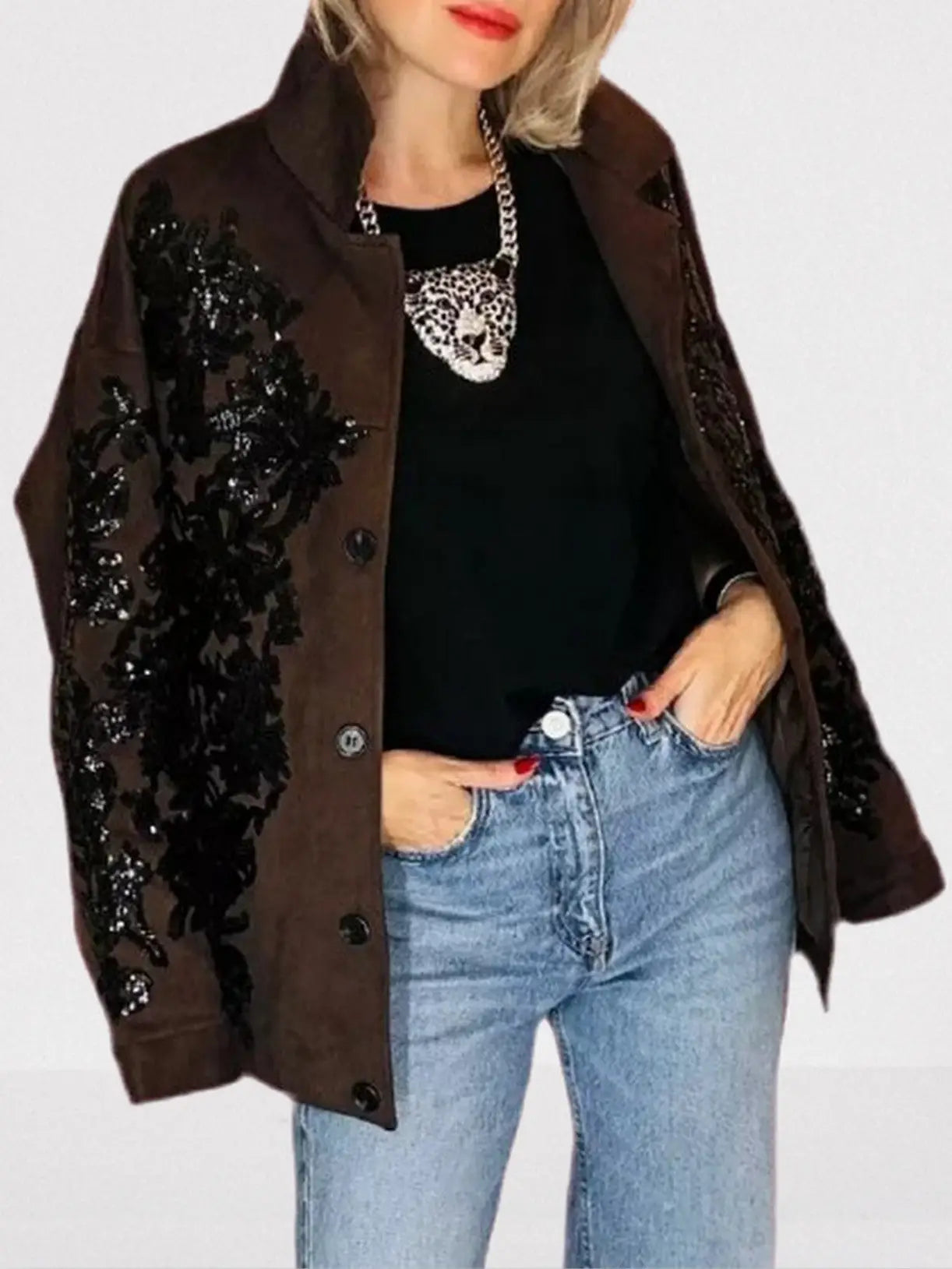 Brown Suede Jacket with Black Sequin Embroidery - Jackets