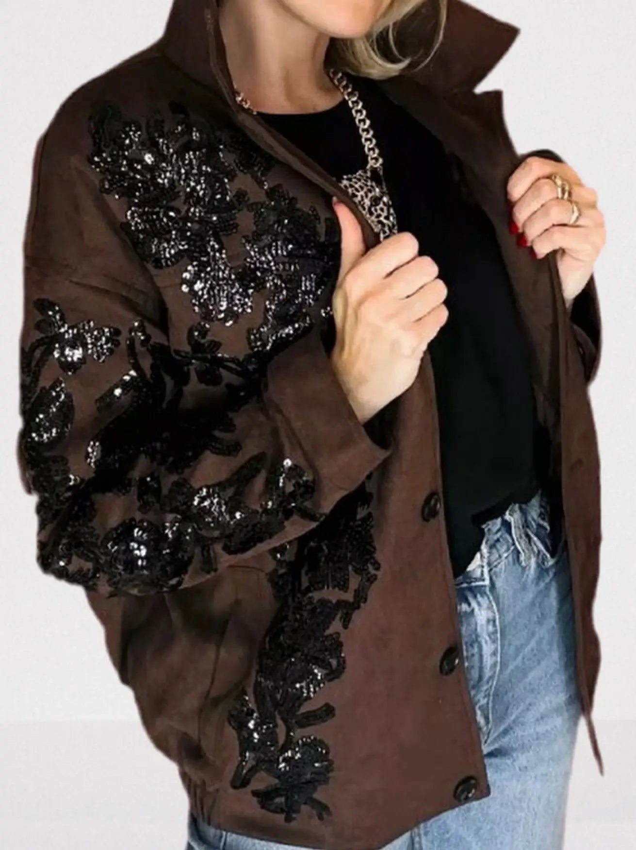 Brown Suede Jacket with Black Sequin Embroidery - Jackets
