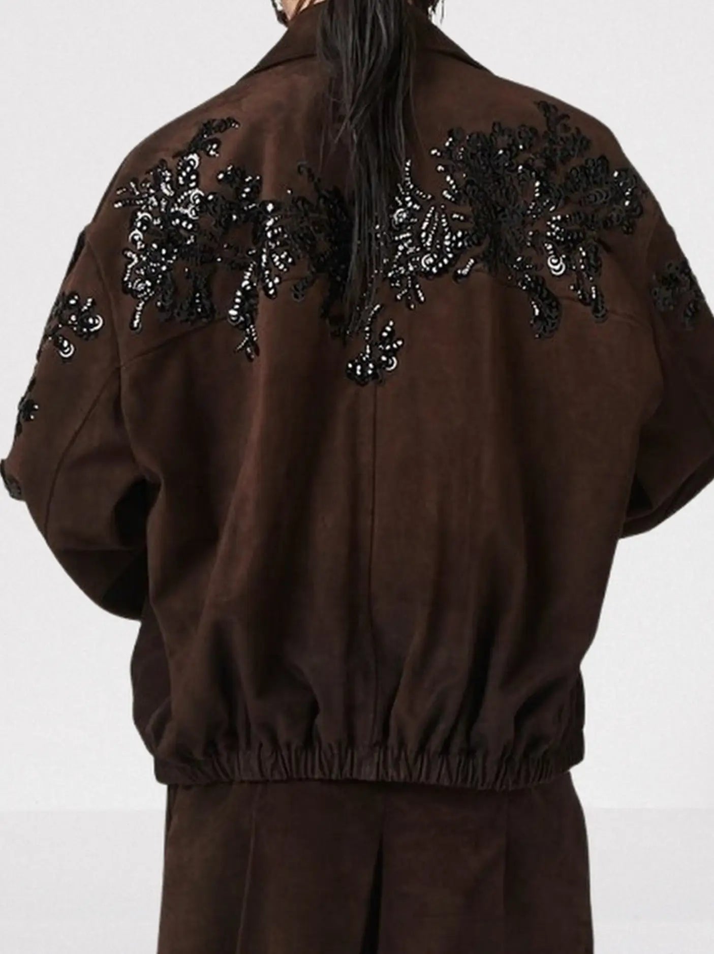 Brown Suede Jacket with Black Sequin Embroidery - Jackets