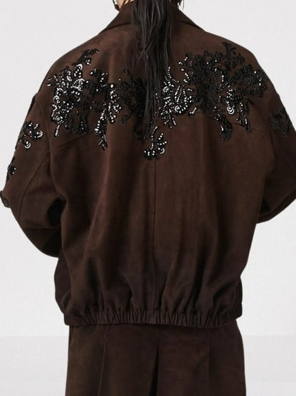 Brown Suede Jacket with Black Sequin Embroidery - Jackets