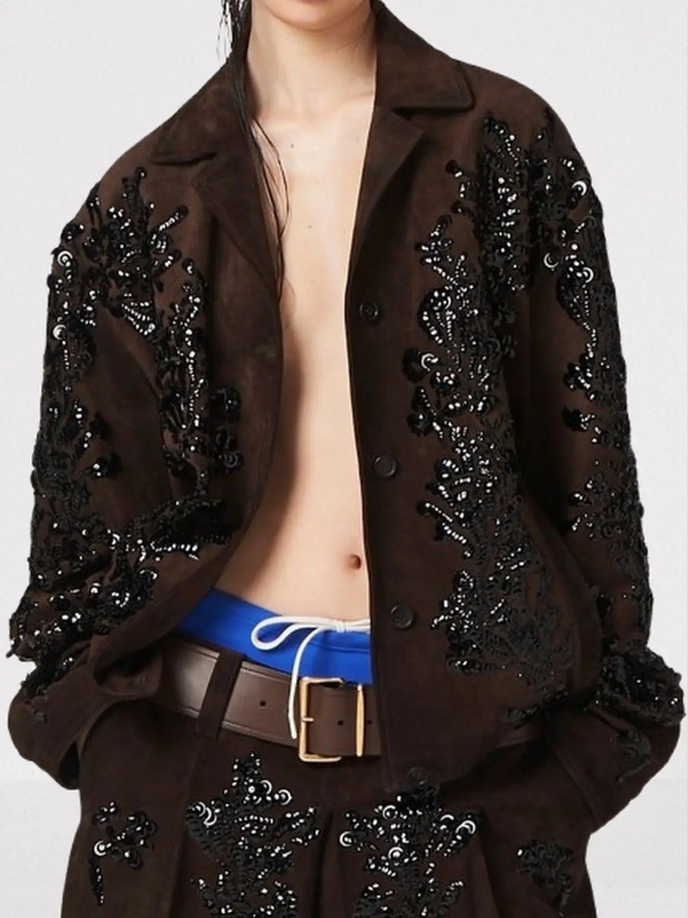 Brown Suede Jacket with Black Sequin Embroidery - Jackets