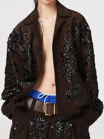 Brown Suede Jacket with Black Sequin Embroidery - Jackets
