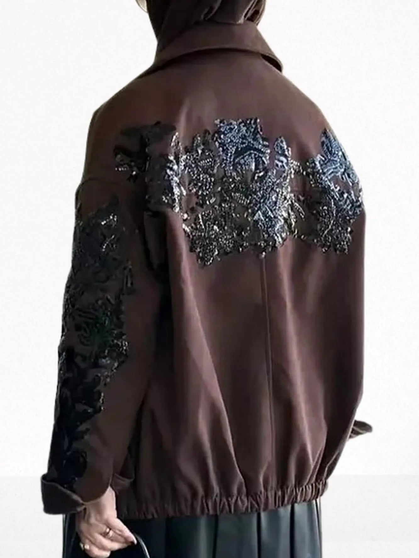 Brown Suede Jacket with Black Sequin Embroidery - Jackets