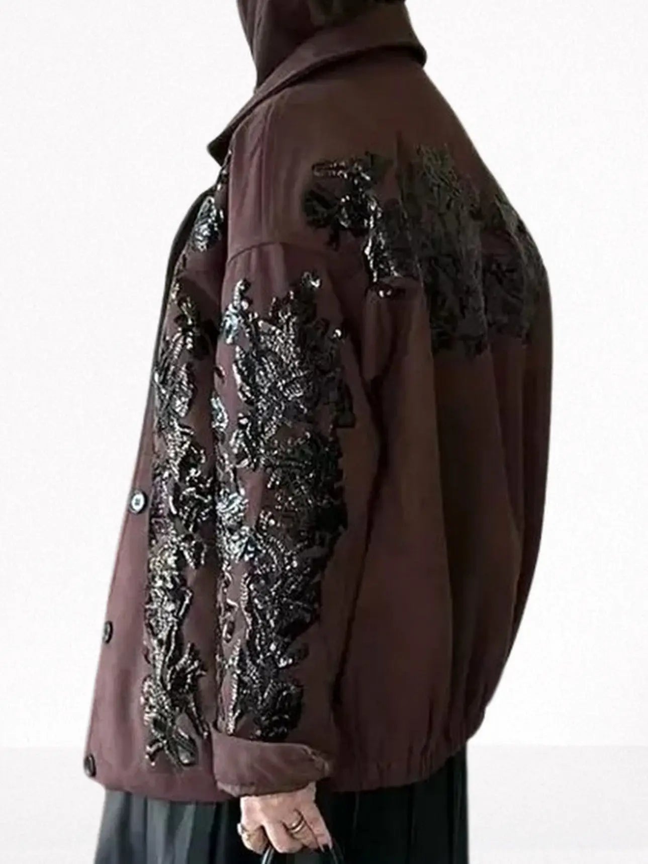 Brown Suede Jacket with Black Sequin Embroidery - Jackets