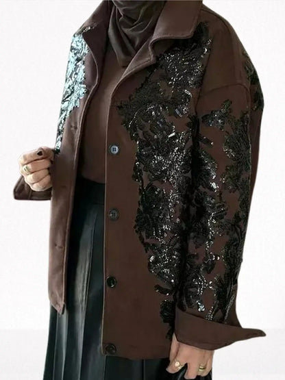 Brown Suede Jacket with Black Sequin Embroidery - Jackets