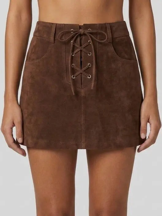 Brown Suede Lace-Up Mini Skirt - Skirts