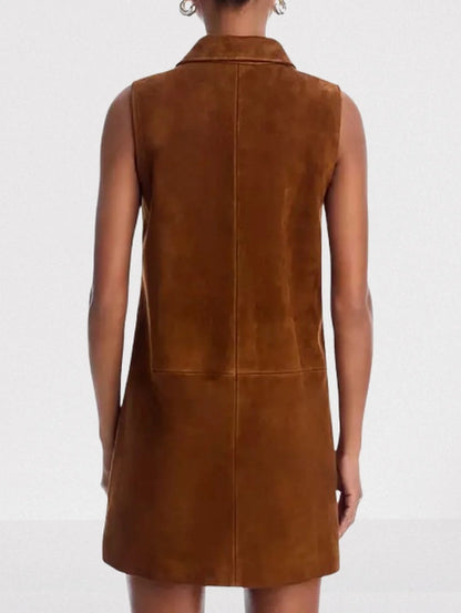 Brown Suede Sleeveless Mini Shift Dress Dresses