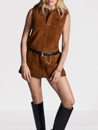 Brown Suede Sleeveless Mini Shift Dress Dresses