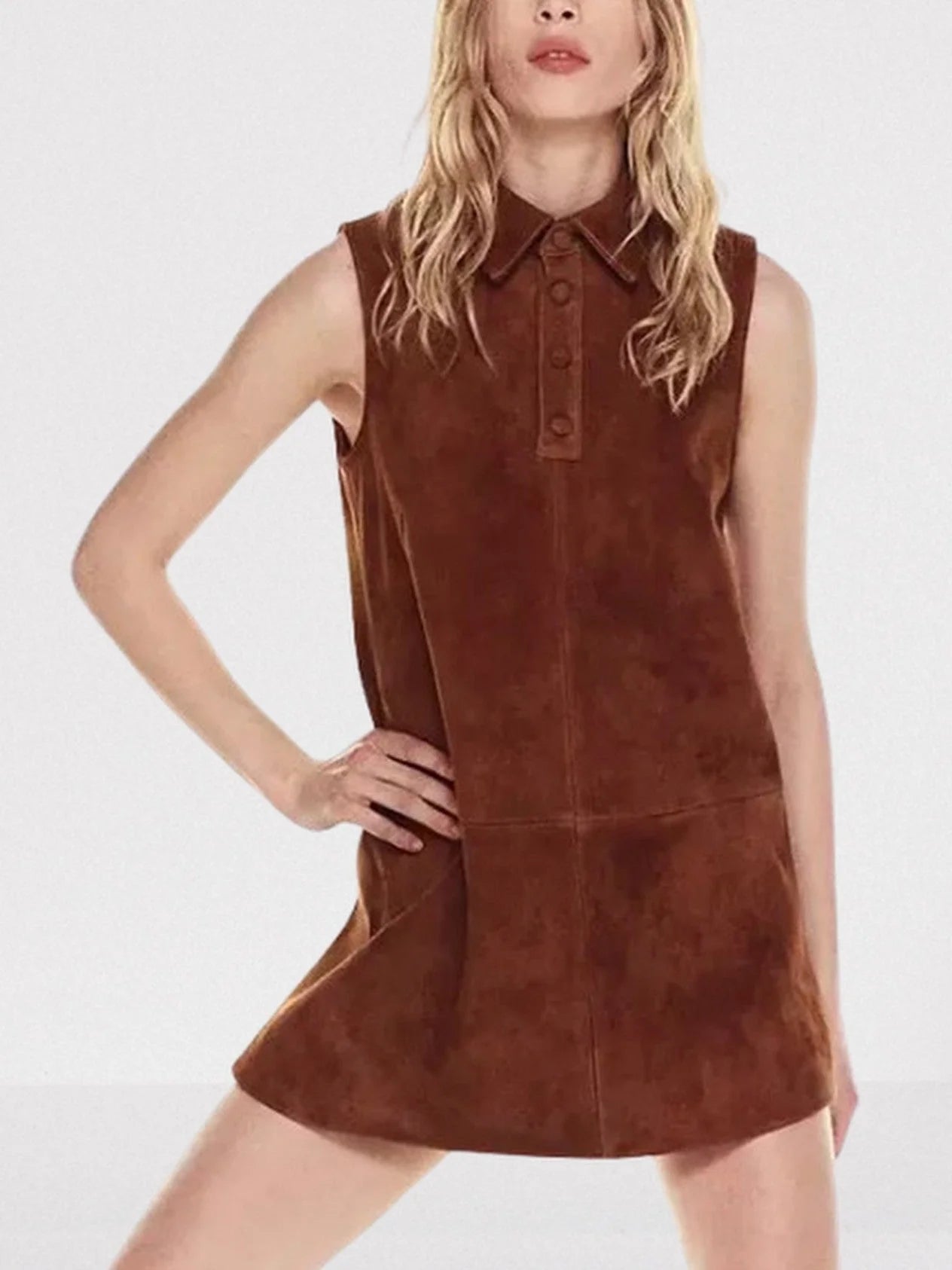 Brown Suede Sleeveless Mini Shift Dress Dresses