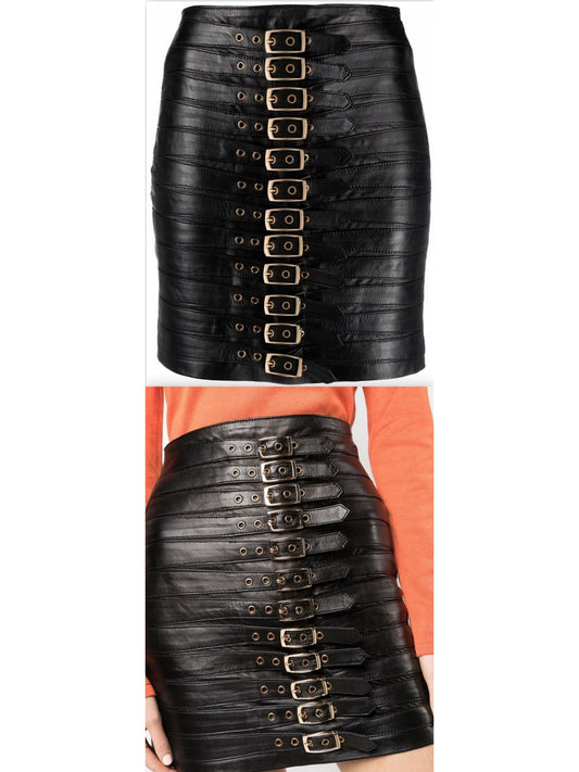 Buckle-Detail Leather Mini Skirt, Black - Branna Couture