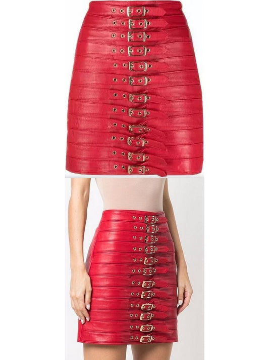 Buckle-Detail Leather Mini Skirt, Red - Branna Couture