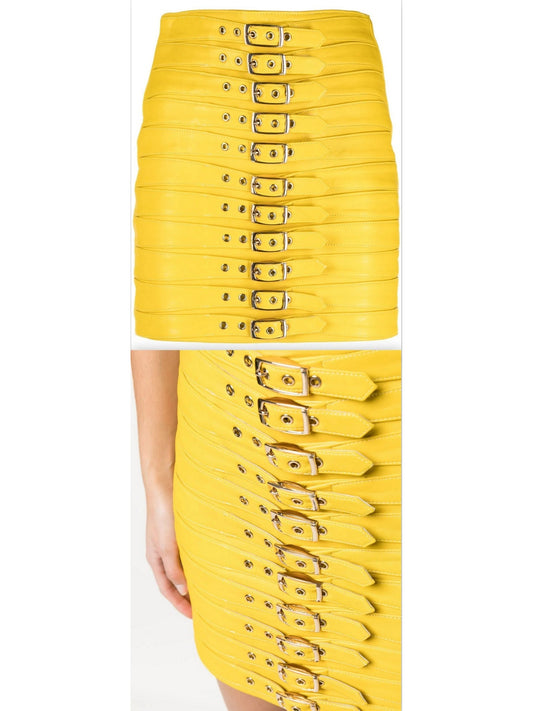 Buckle-Detail Leather Mini Skirt, Yellow - Branna Couture