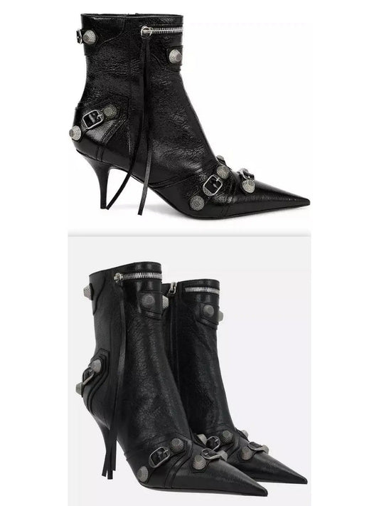 Buckle and Stud-Embellished Black High-Heel Boots - Branna Couture