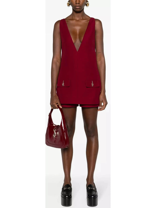 Burgundy Red V-Neck Short Twill Jumpsuit - Branna Couture