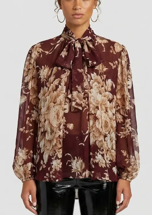 Burgundy Floral Tie Neck Silk Blouse - S - Tops