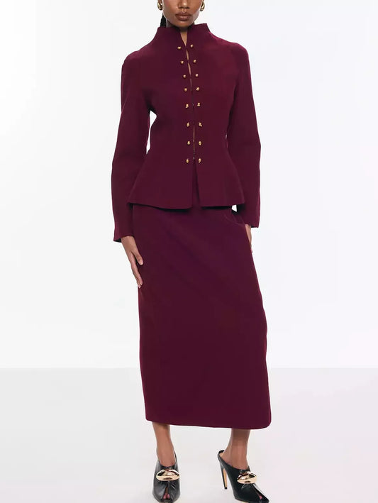 Burgundy Jacket with Gold Button front and Skirt Set S Suits & Sets