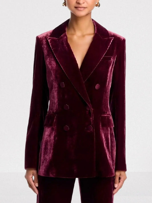Burgundy Velvet Double-Breasted Tailored Blazer - Small - Jackets