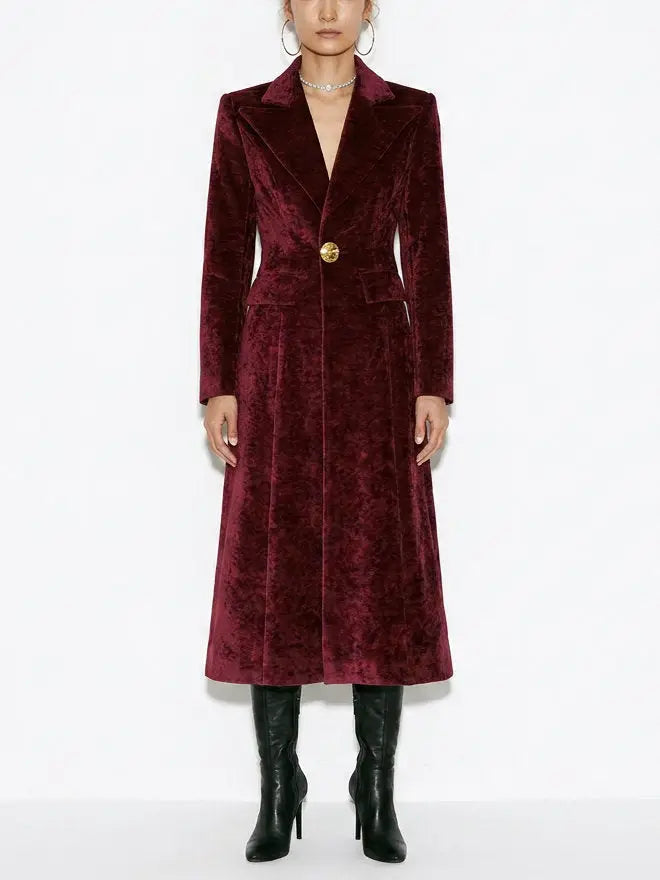 Burgundy Velvet Tailored Longline Single-Breasted Coat - S - Coats