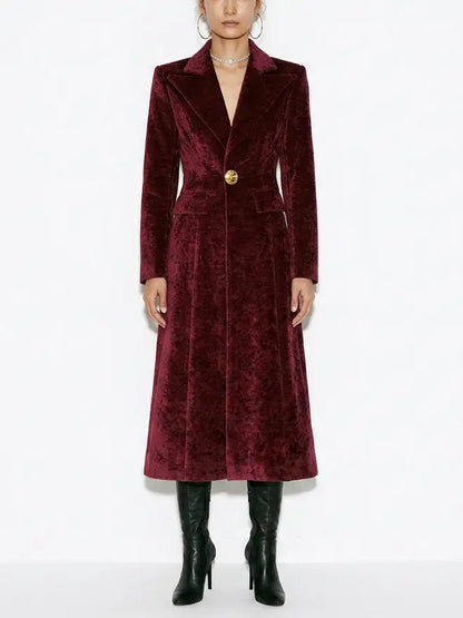Burgundy Velvet Tailored Longline Single-Breasted Coat - S - Coats