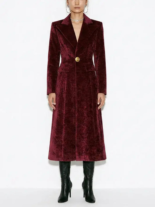 Burgundy Velvet Tailored Longline Single-Breasted Coat - S - Coats