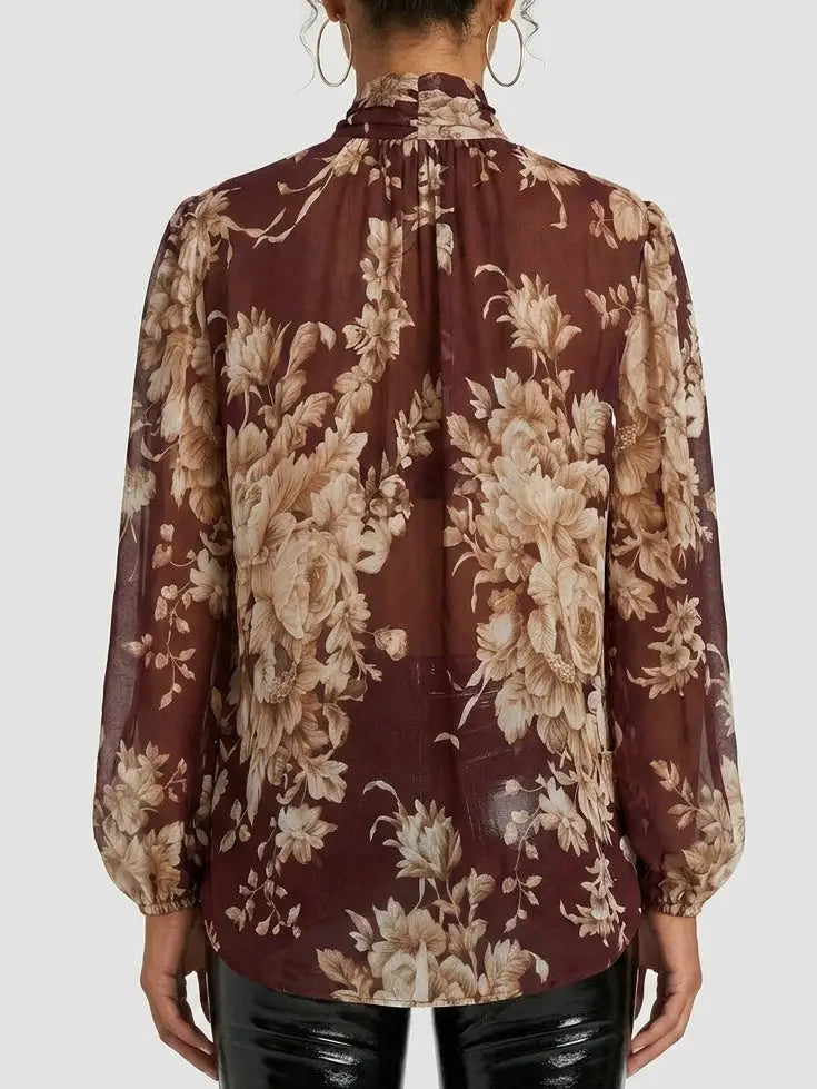 Burgundy Floral Tie Neck Silk Blouse - Tops