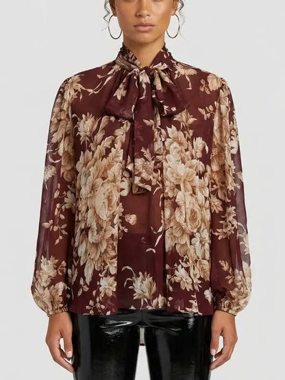 Burgundy Floral Tie Neck Silk Blouse - Tops