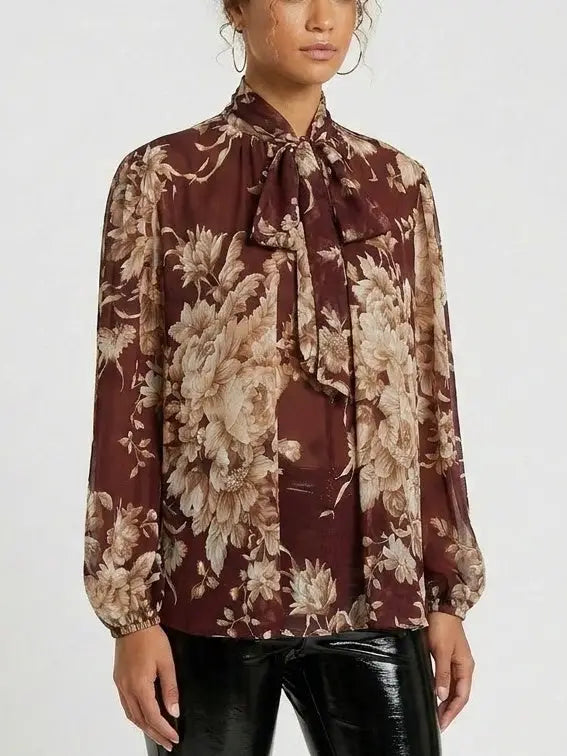 Burgundy Floral Tie Neck Silk Blouse - Tops