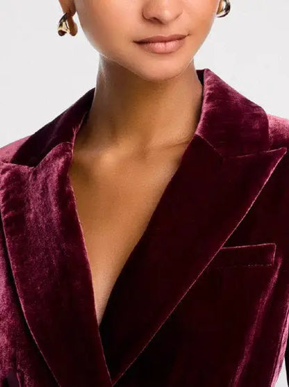 Burgundy Velvet Double-Breasted Tailored Blazer - Jackets