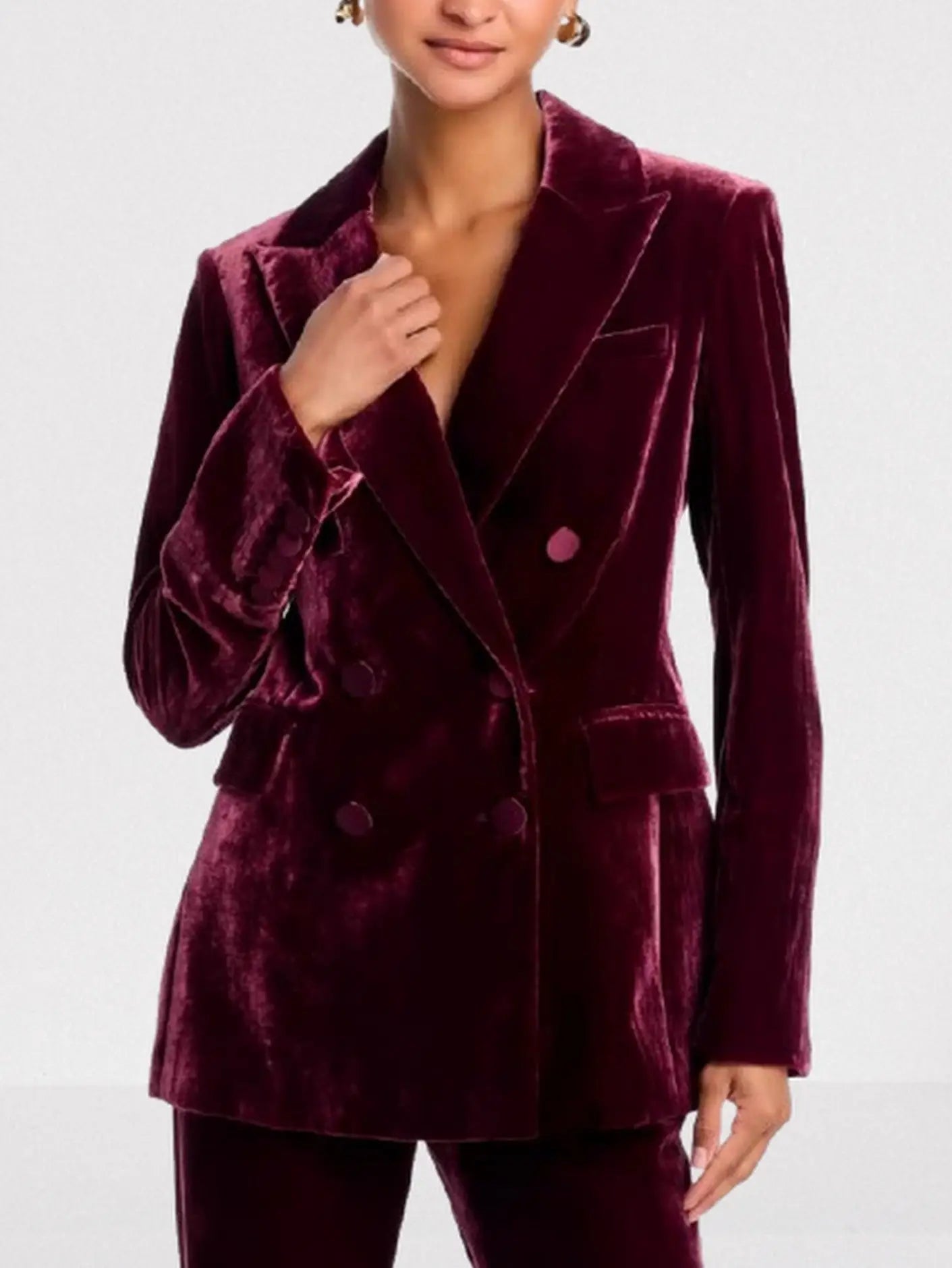 Burgundy Velvet Double-Breasted Tailored Blazer - Jackets