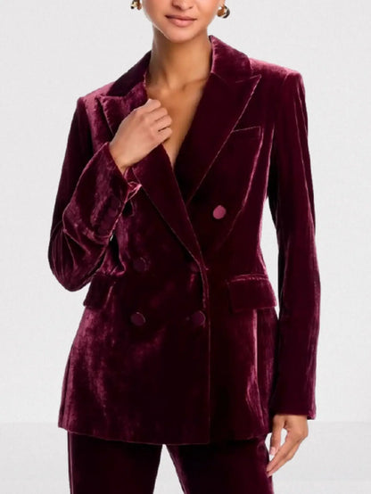 Burgundy Velvet Double-Breasted Tailored Blazer - Jackets