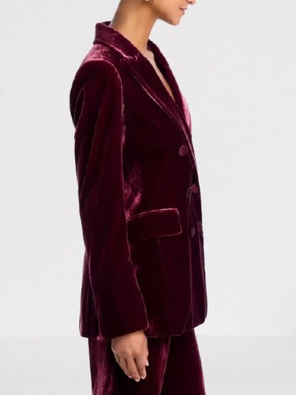 Burgundy Velvet Double-Breasted Tailored Blazer - Jackets
