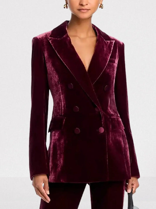 Burgundy Velvet Double-Breasted Tailored Blazer - Jackets