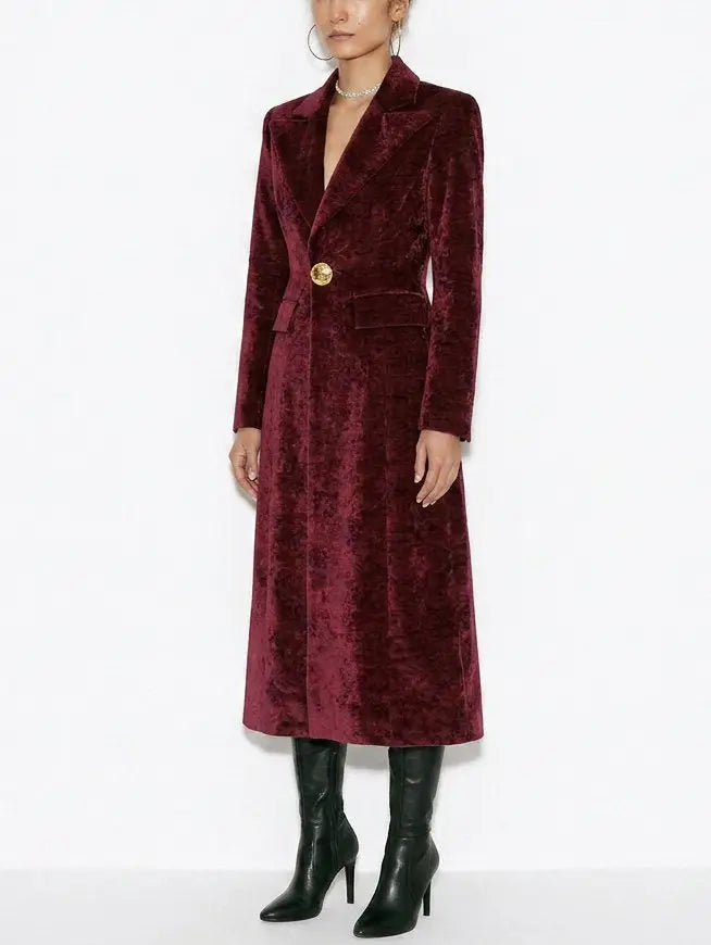 Burgundy Velvet Tailored Longline Single-Breasted Coat - Coats