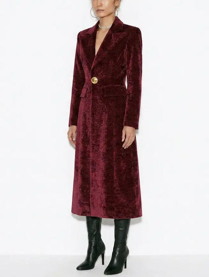 Burgundy Velvet Tailored Longline Single-Breasted Coat - Coats