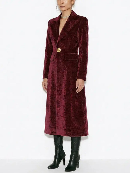 Burgundy Velvet Tailored Longline Single-Breasted Coat - Coats