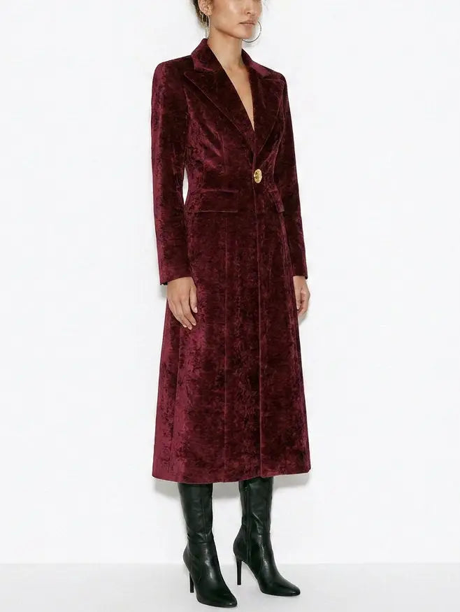 Burgundy Velvet Tailored Longline Single-Breasted Coat - Coats